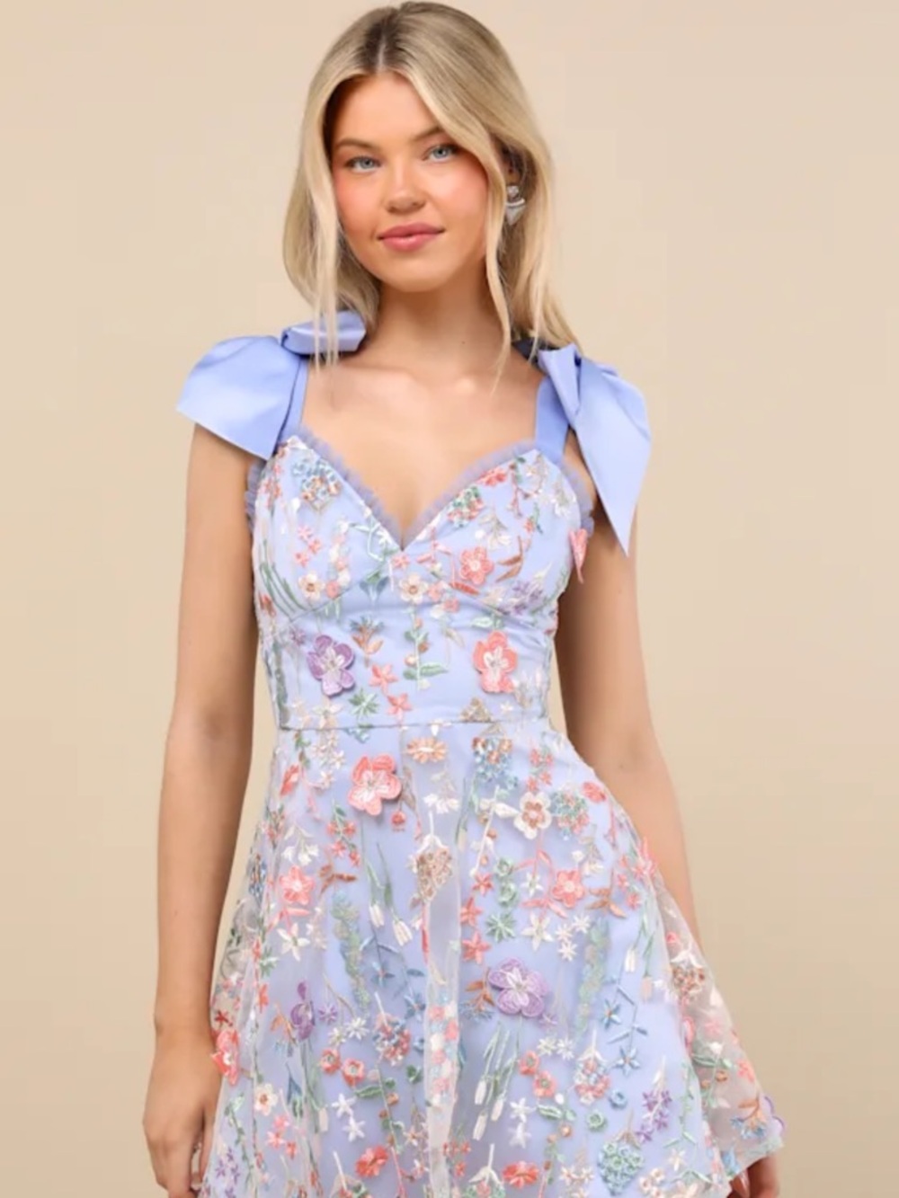 Lilac Floral Embroidered Tie-Strap Mini Dress